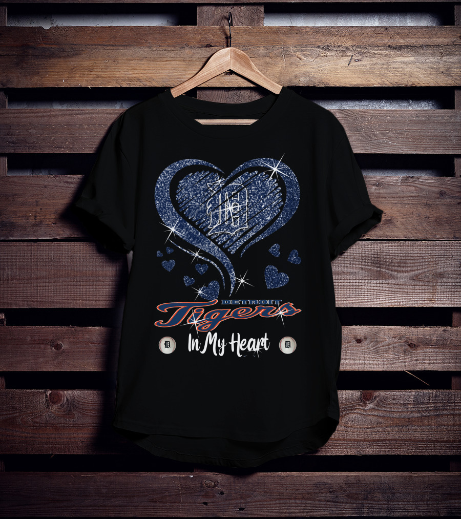 Detroit Tigers In My Heart Sparkling Logo And Hearts T-Shirt