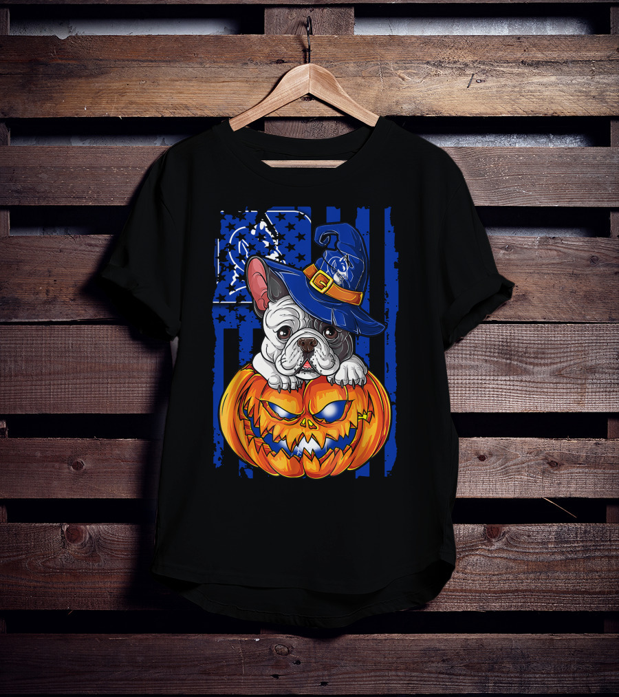 Hlw Bulldog On Duke Blue Devils Themed Halloween Pumpkin With Wizard Hat T-Shirt