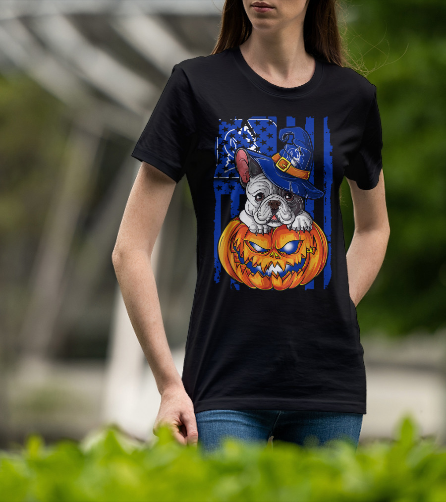 Hlw Bulldog On Duke Blue Devils Themed Halloween Pumpkin With Wizard Hat T-Shirt