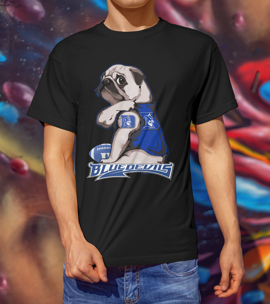 Pug Wearing Blue Devils Football Jersey T-Shirt
