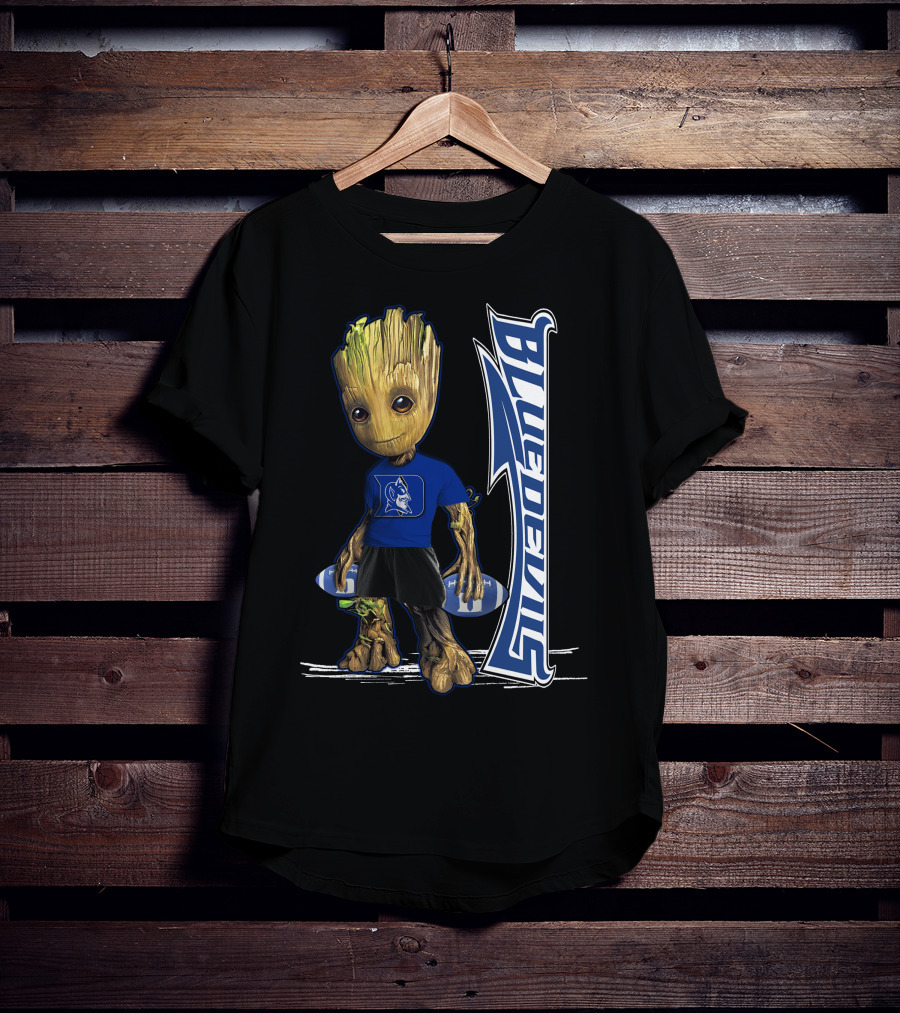 Groot Wearing Duke Blue Devils Shirt With Blue Devils Logo And Football T-Shirt