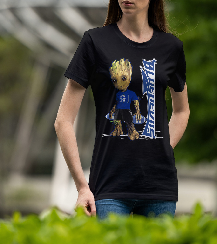 Groot Wearing Duke Blue Devils Shirt With Blue Devils Logo And Football T-Shirt
