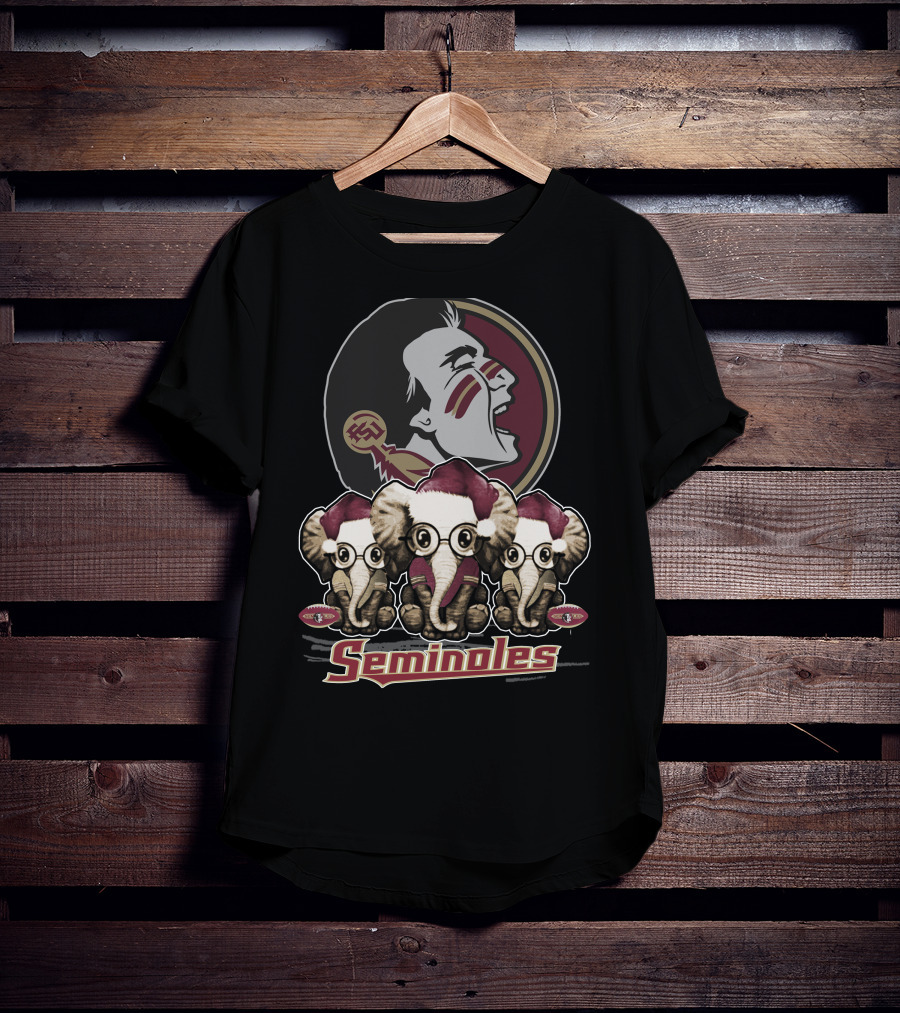 Seminoles Florida State Xmas Elephan With Santa Hats And Eyeglasses T-Shirt