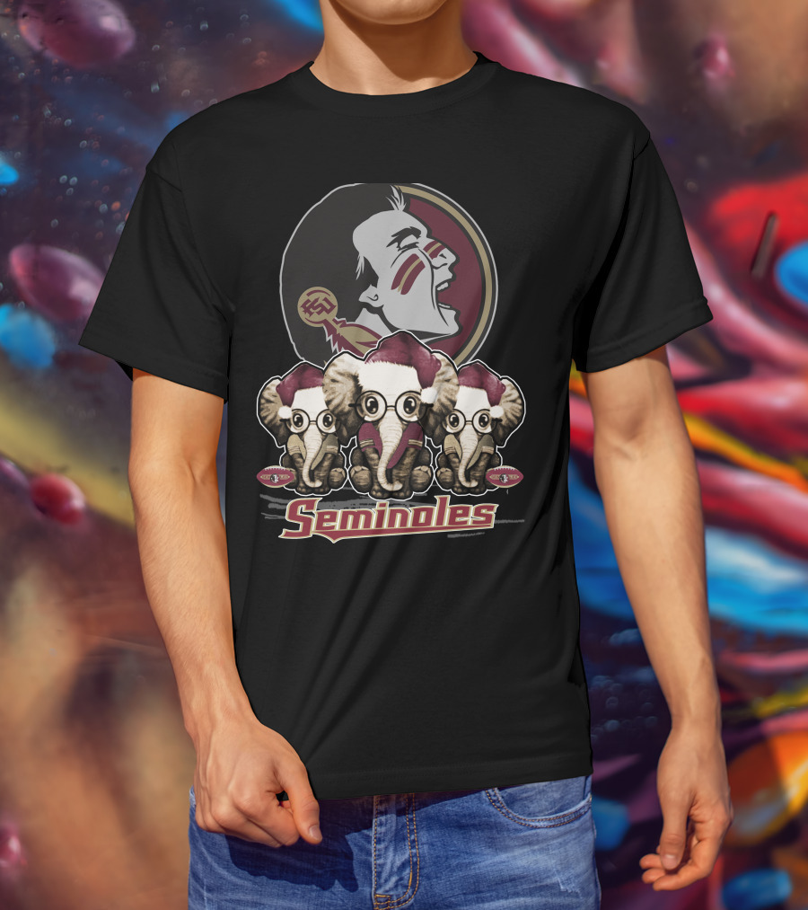 Seminoles Florida State Xmas Elephan With Santa Hats And Eyeglasses T-Shirt