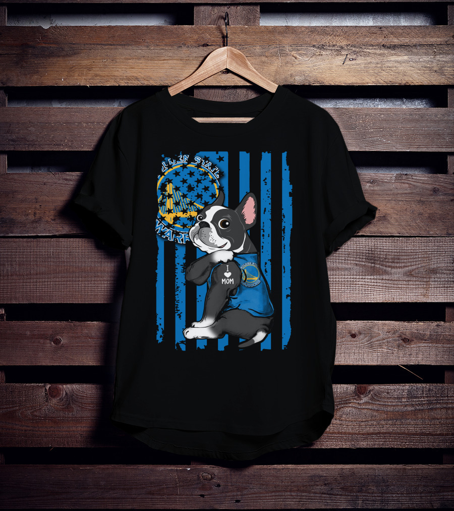 Boston Terrier Golden State Warriors Fan Dog Blue And Gold Basketball Theme T-Shirt
