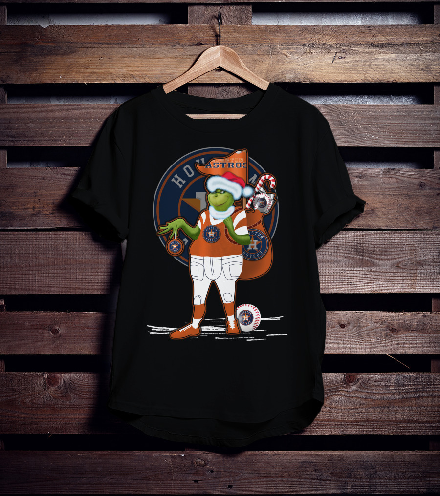Grinchxmas Houston Astros Santa Hat Baseball Player With Logo And Candy Cane Sack T-Shirt