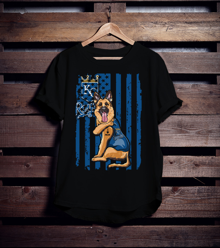 KC Royals German Shepherd Fan With I Love Mom Tattoo T-Shirt