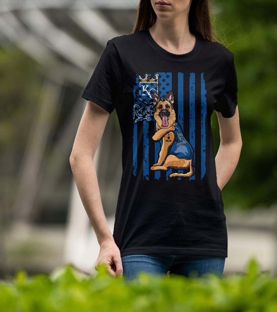 KC Royals German Shepherd Fan With I Love Mom Tattoo T-Shirt