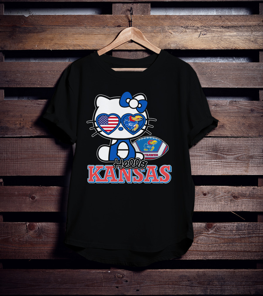 Hello Kitty Kansas Jayhawks KU Football American Flag T-Shirt