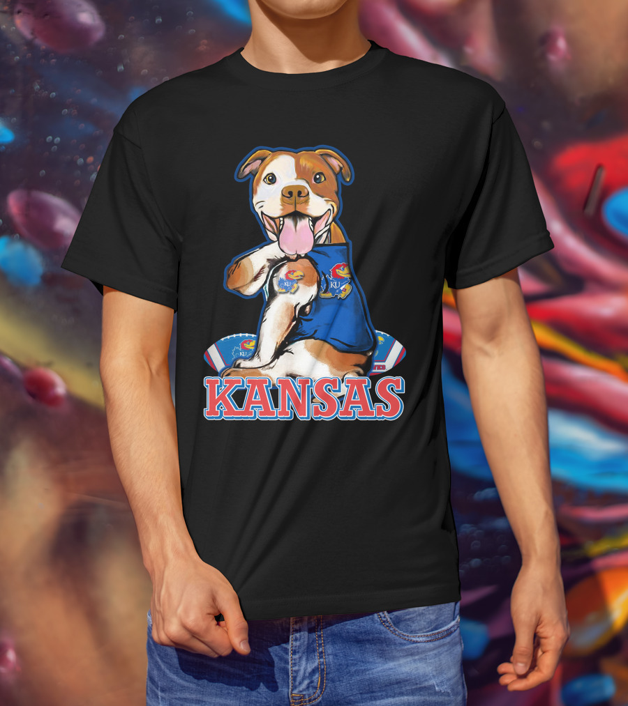 Kansas Pitbull Mascot With Jayhawks Football T-Shirt