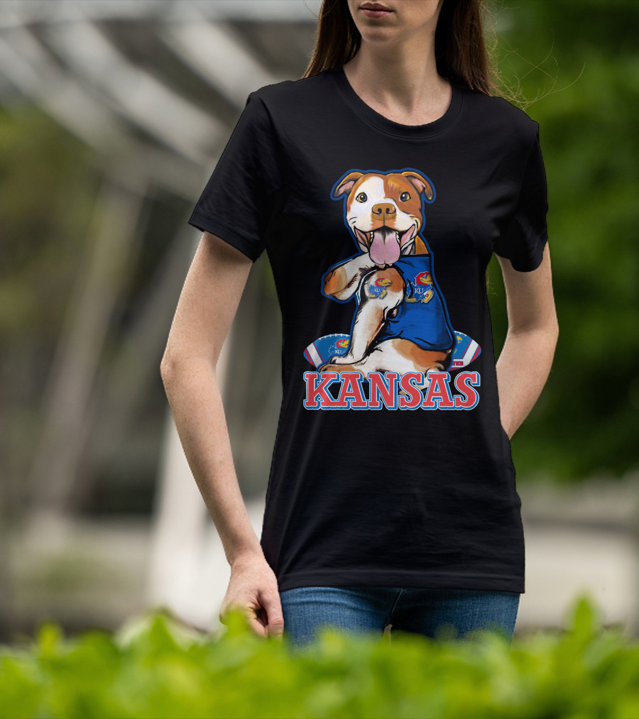 Kansas Pitbull Mascot With Jayhawks Football T-Shirt