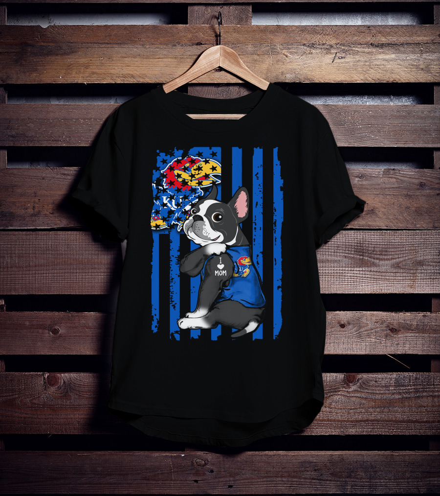 Boston Terrier I Love Mom Kansas Jayhawks KU Logo Blue Stripes T-Shirt
