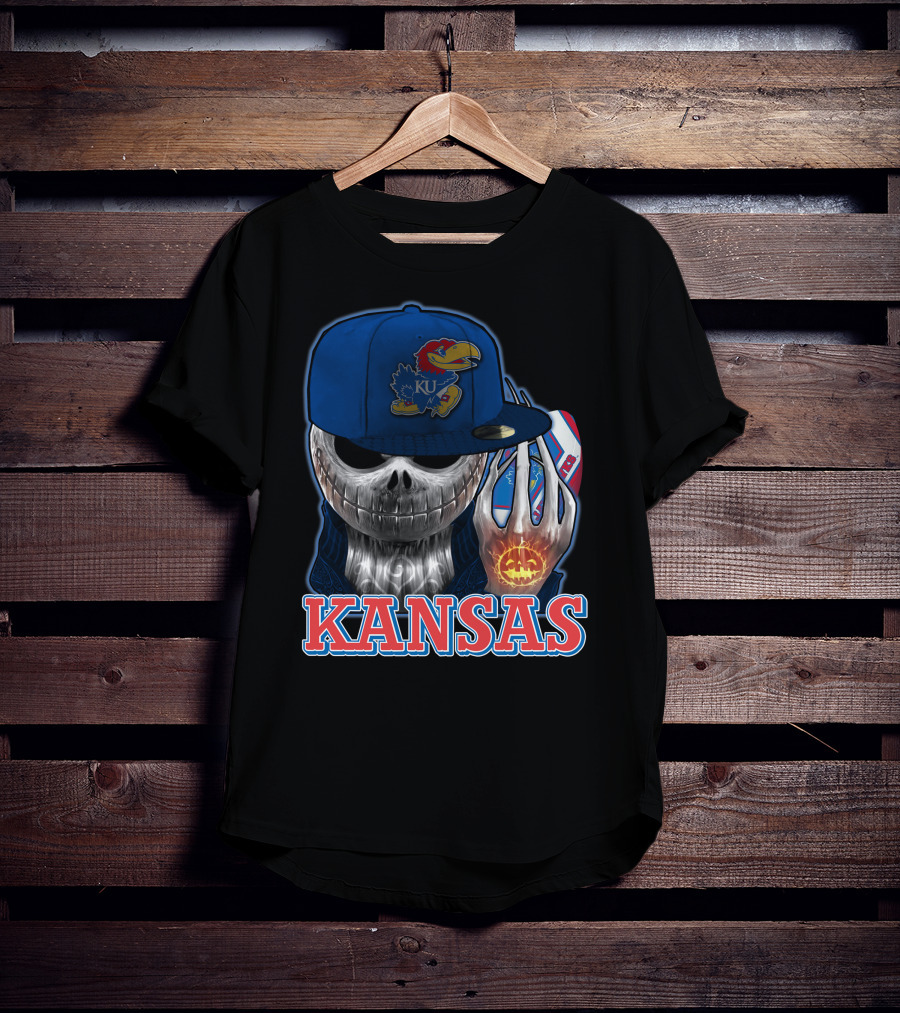 Kansas Jayhawks Skull Halloween Pumpkin Blue Cap T-Shirt