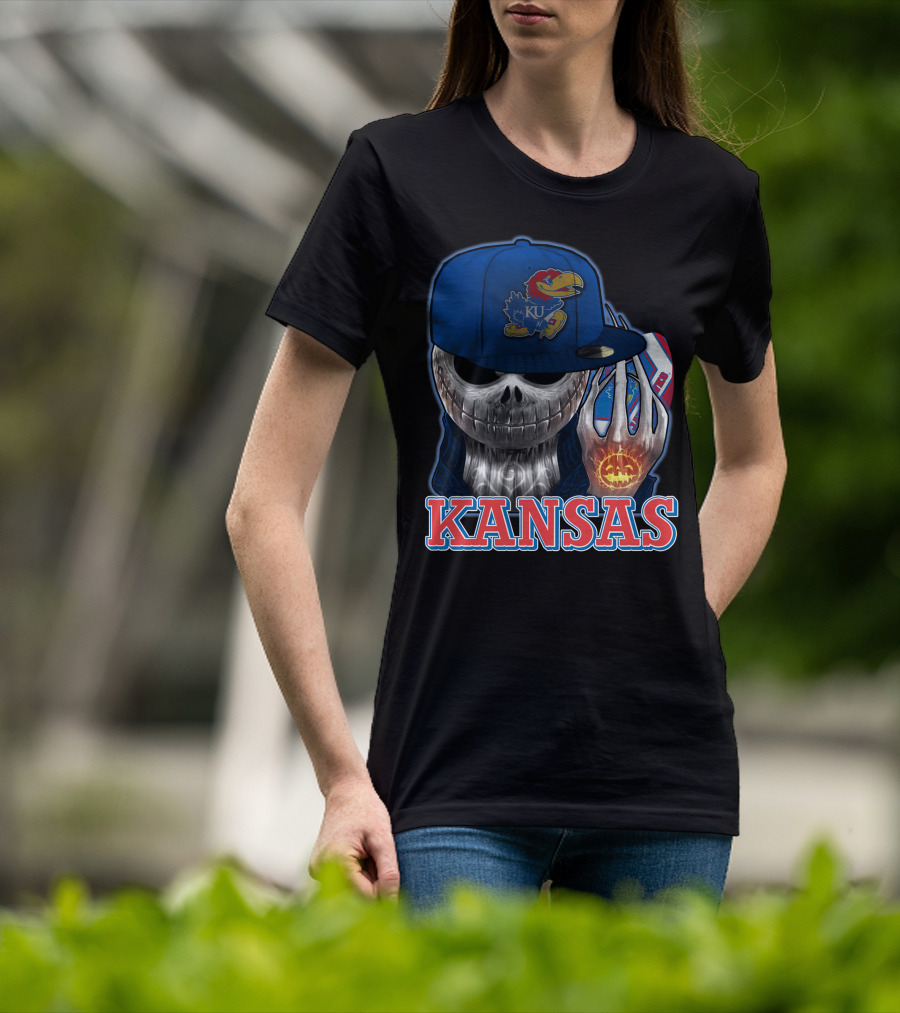 Kansas Jayhawks Skull Halloween Pumpkin Blue Cap T-Shirt