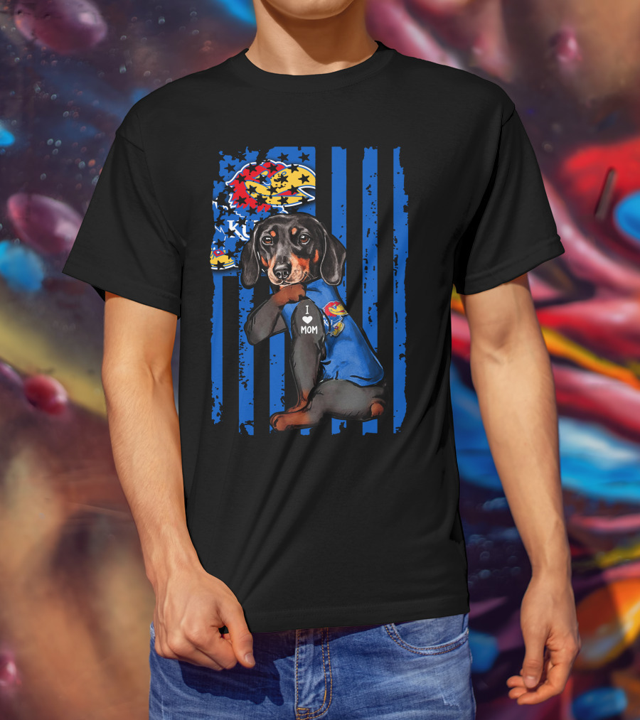 Dachshund I Love Mom Kansas Jayhawks Blue Stripes T-Shirt