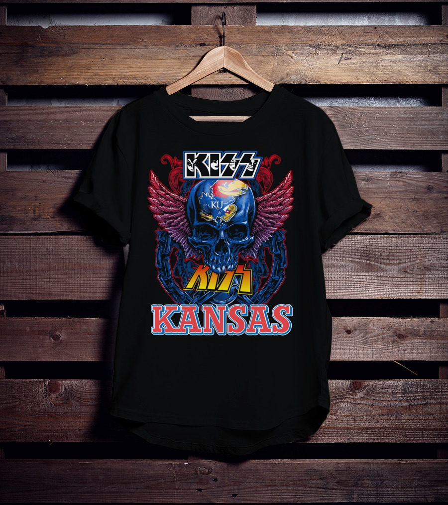 KISS Kansas Jayhawks Skull KU Winged Logo Chains T-Shirt