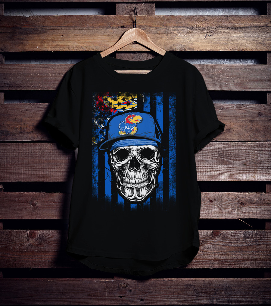 Skull Kansas Jayhawks KU Logo Hat Blue And Red Stripes T-Shirt