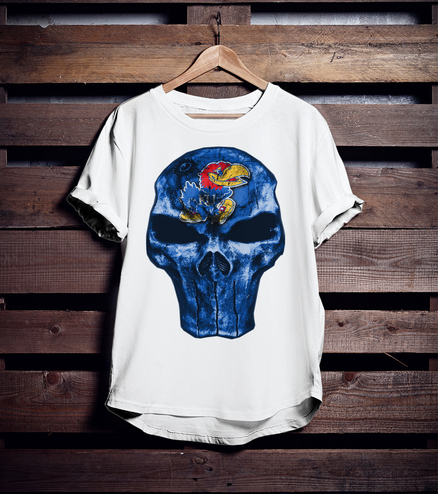 Kansas Jayhawks Logo On Blue Skull T-Shirt