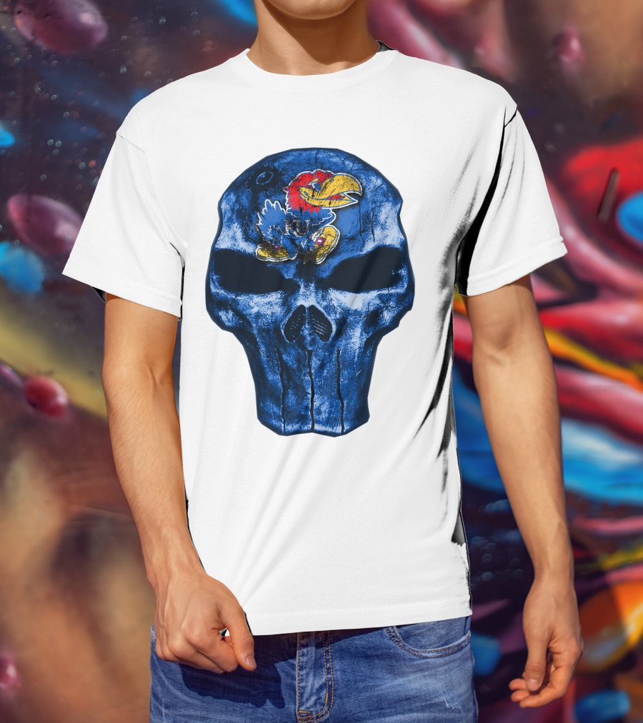 Kansas Jayhawks Logo On Blue Skull T-Shirt