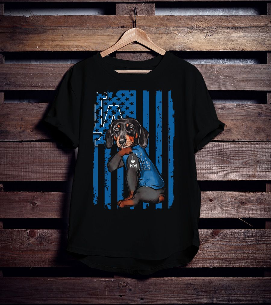 Dachshund I Love Mom LA Dodgers American Flag T-Shirt