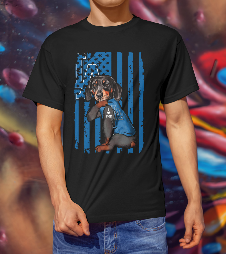 Dachshund I Love Mom LA Dodgers American Flag T-Shirt