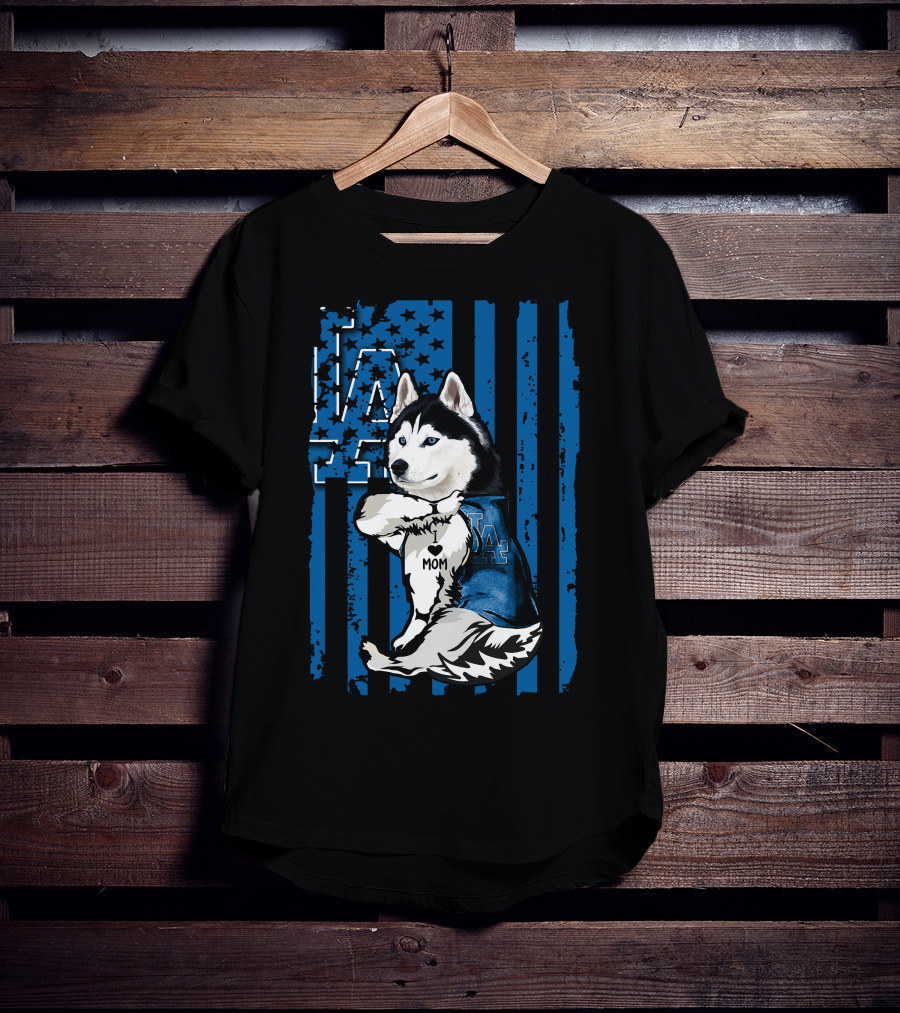 Siberian Husky LA Dodgers Blue American Flag Mom Tattoo T-Shirt