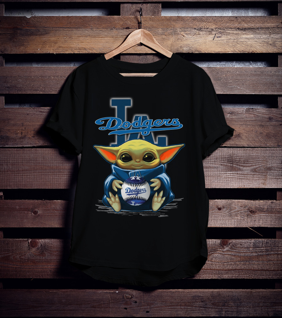 Yoda Holding Dodgers Baseball With Los Angeles Dodgers Logo Background T-Shirt