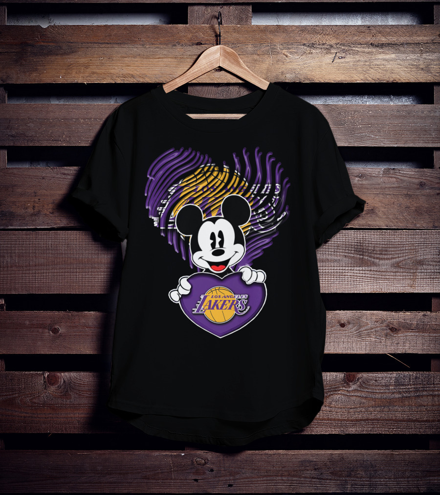 Mick Mouse Los Angeles Lakers Basketball Team Logo Handprint Heart T-Shirt