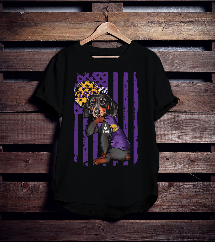 Dachshund I Love Mom Los Angeles Lakers Purple Basketball Team Fan T-Shirt