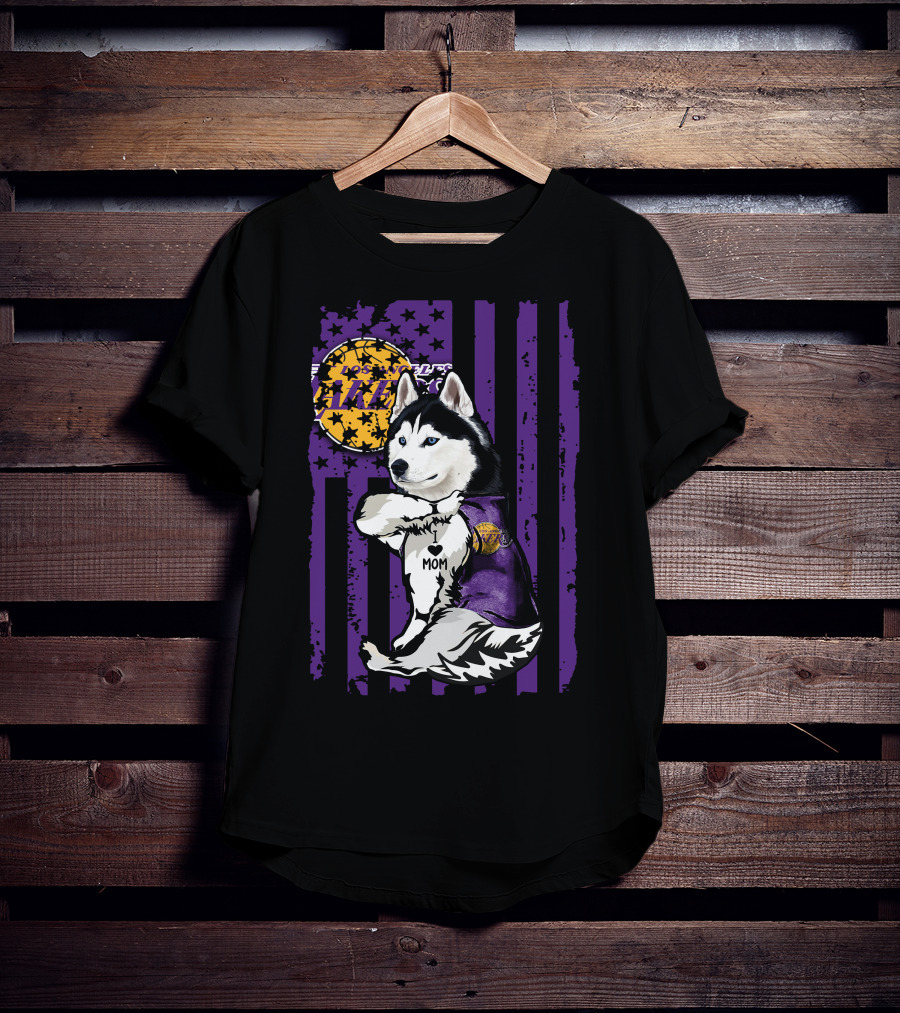 Siberian Husky Mom Los Angeles Lakers Fan With Purple American Flag Background T-Shirt