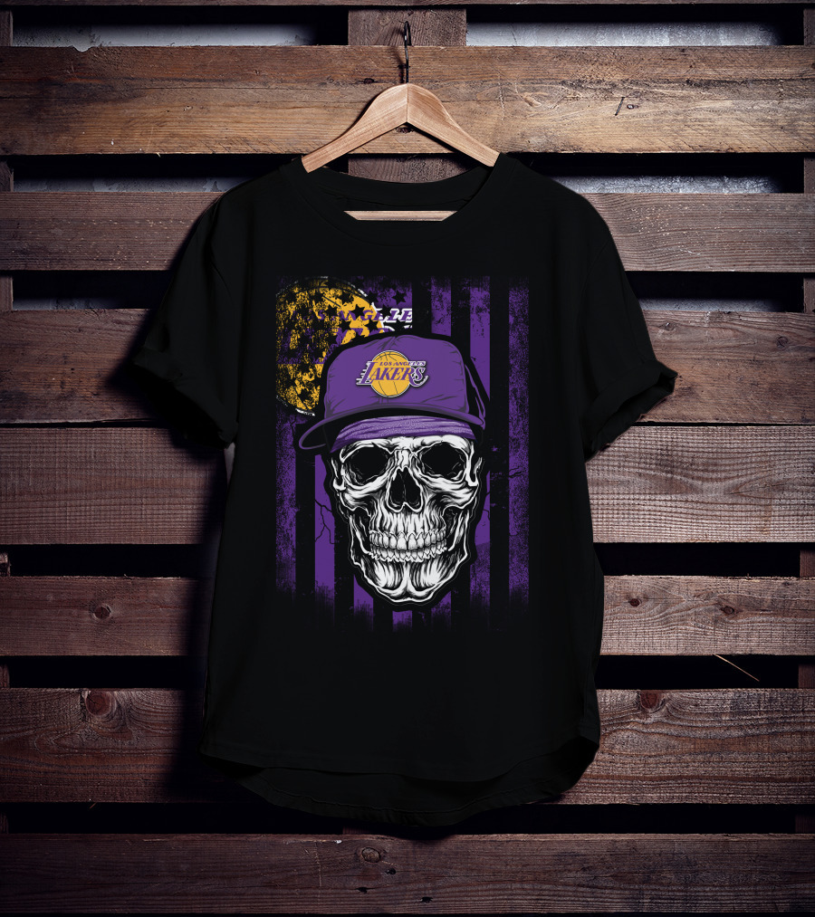 Los Angeles Lakers Skull Cap Bold Gothic T-Shirt