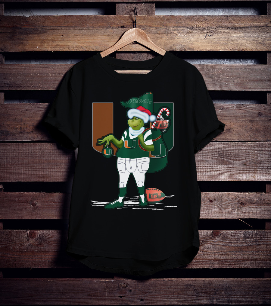 Grinchxmas Miami Hurricanes Festive Football Santa Grinch With Logo And Candy Cane Sack T-Shirt