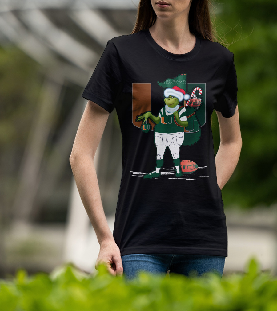 Grinchxmas Miami Hurricanes Festive Football Santa Grinch With Logo And Candy Cane Sack T-Shirt