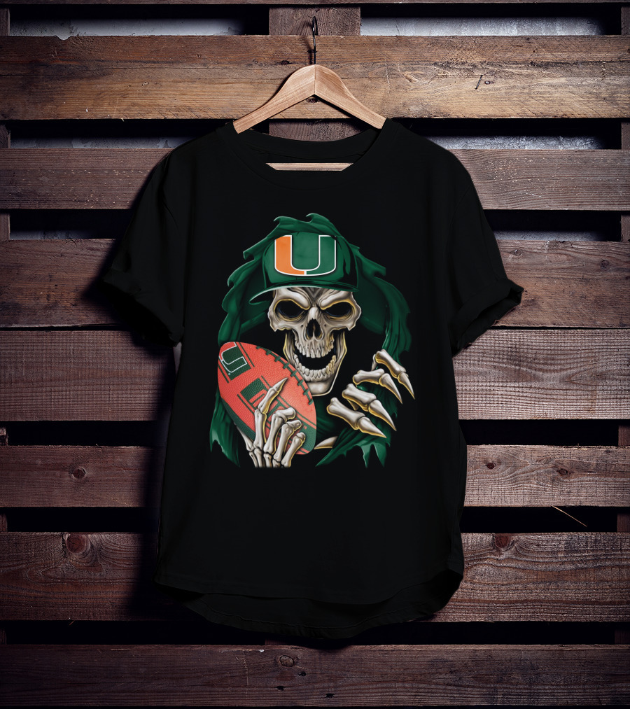 Skullbong Miami Hurricanes Skeleton Holding Football T-Shirt