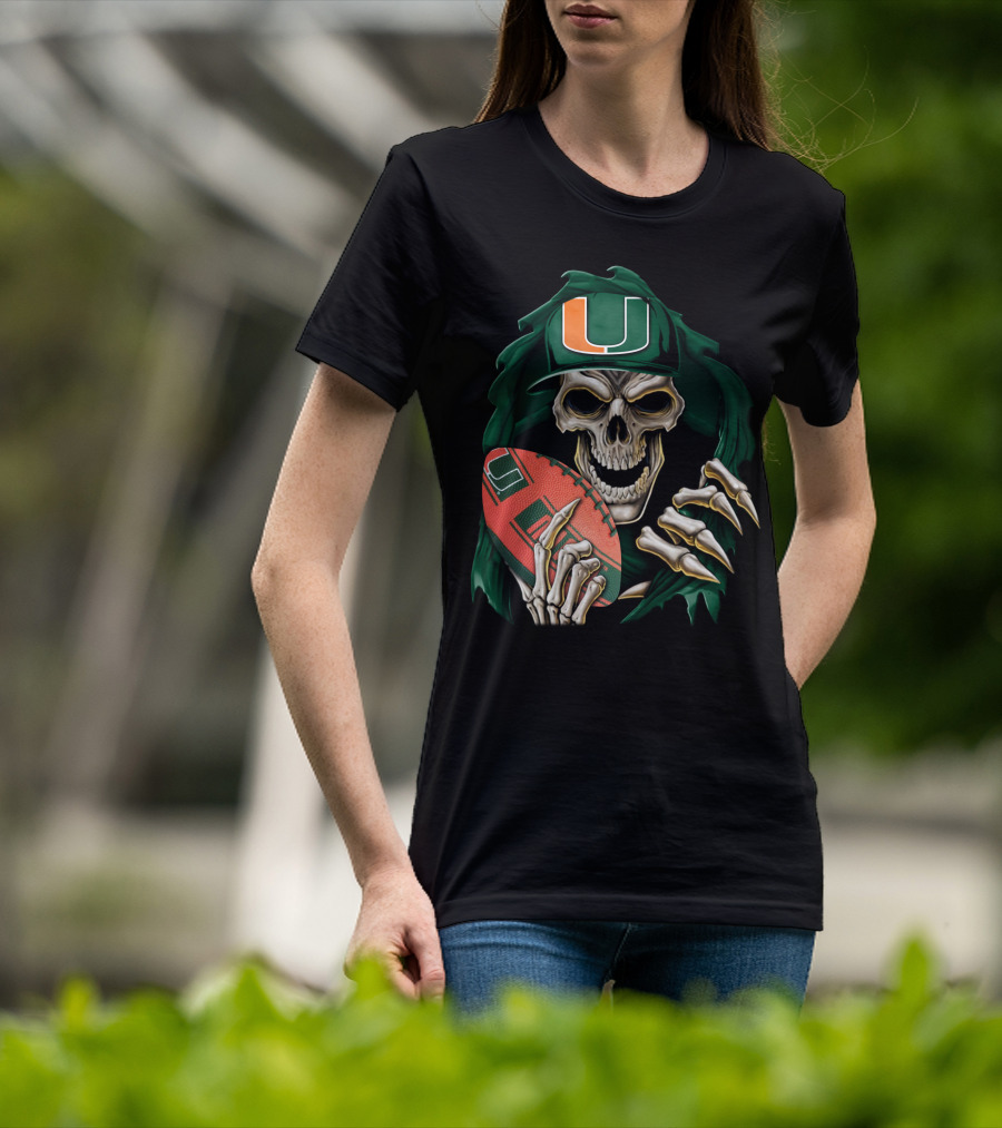 Skullbong Miami Hurricanes Skeleton Holding Football T-Shirt
