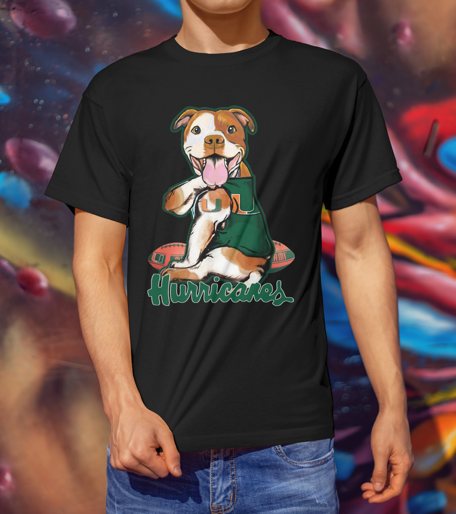Pittbull Wearing Miami Hurricanes U Jersey With Football T-Shirt