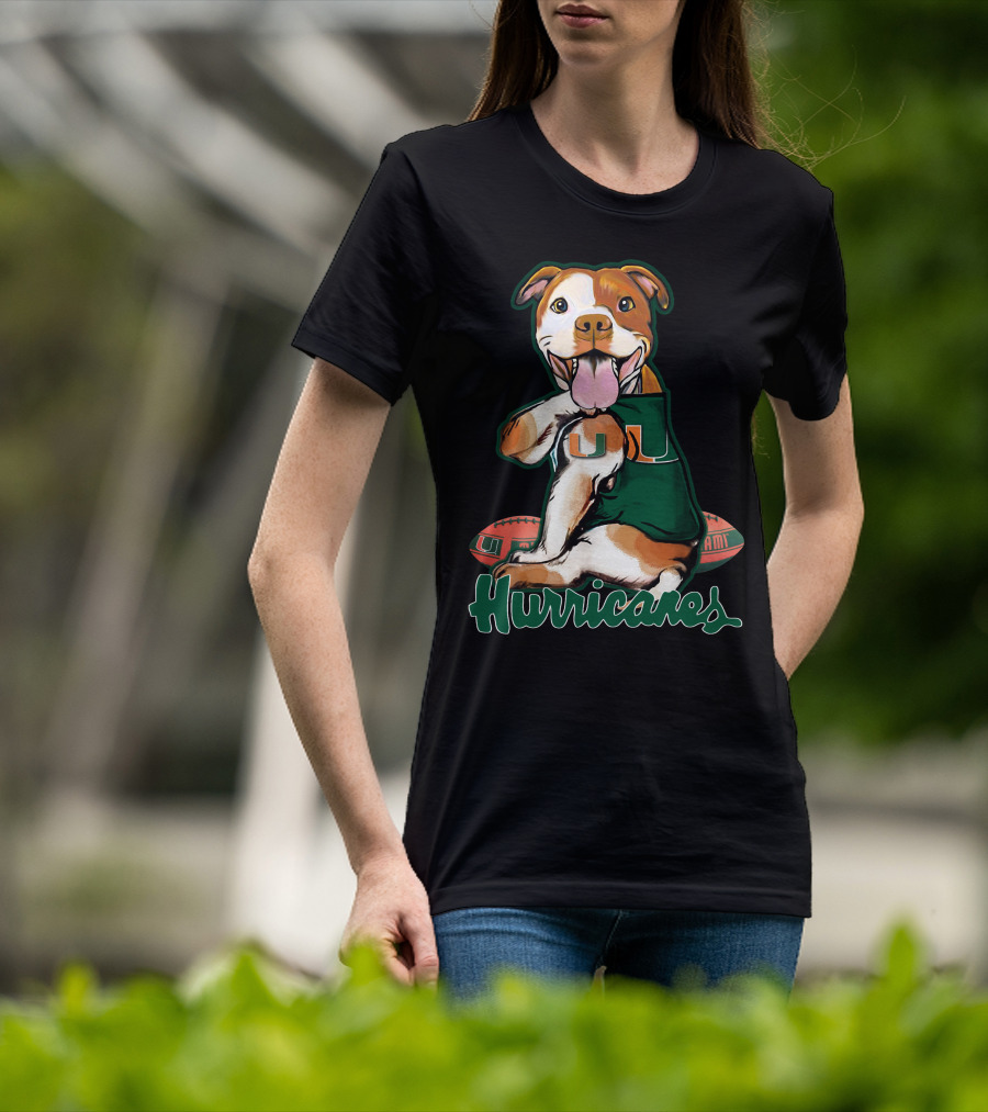 Pittbull Wearing Miami Hurricanes U Jersey With Football T-Shirt