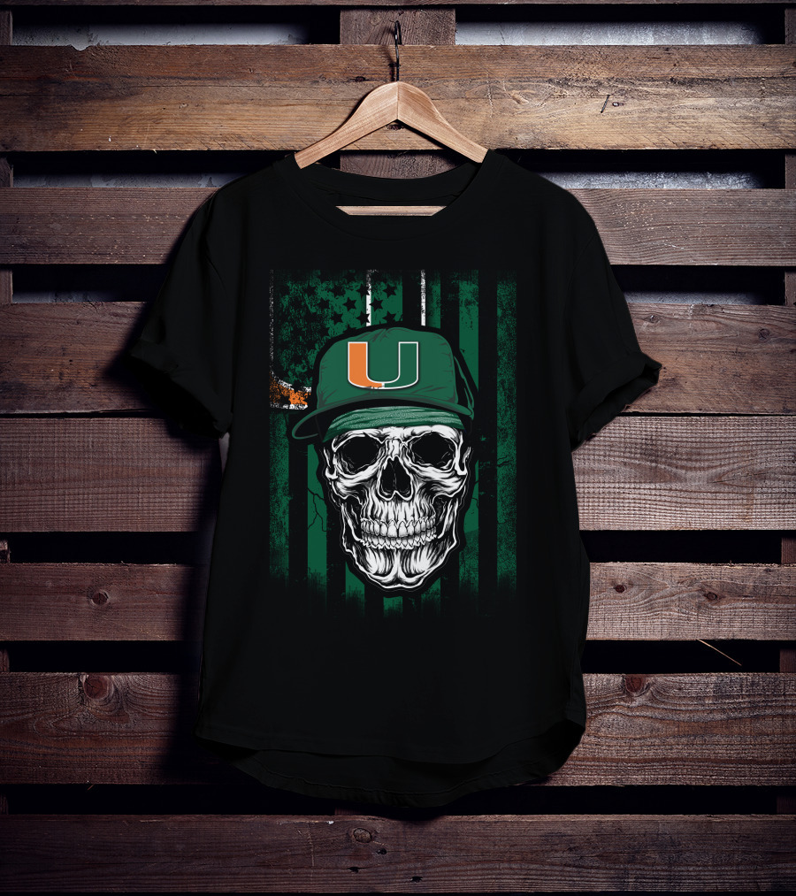 Skull Miami Hurricanes U Logo Cap With Green Stripes T-Shirt