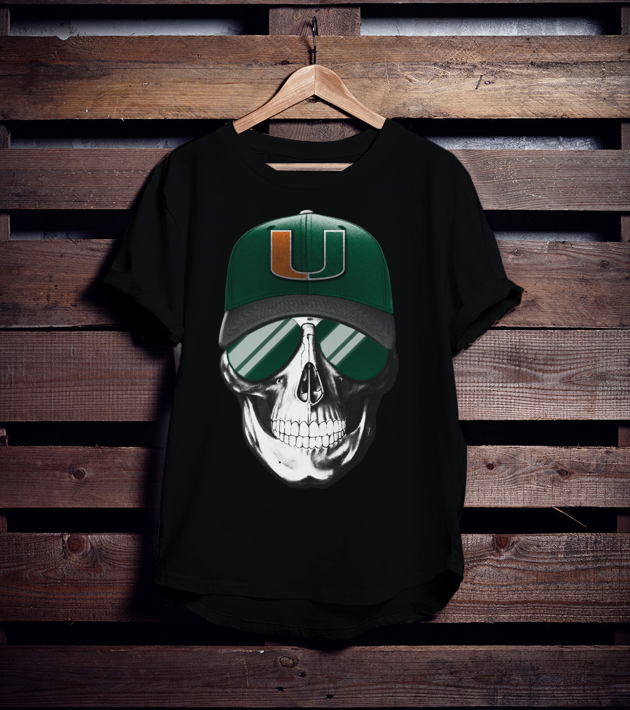 Miami Hurricanes Skull Cap With Reflective Sunglasses T-Shirt