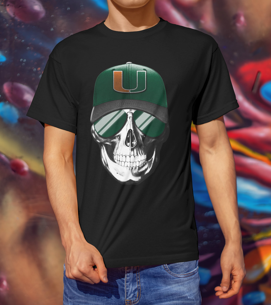 Miami Hurricanes Skull Cap With Reflective Sunglasses T-Shirt
