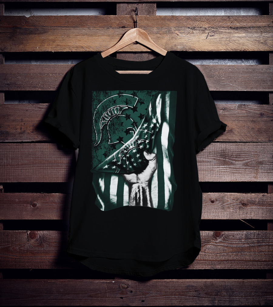 Michigan State Spartans Flag Spartan Helmet Stars Green White T-Shirt