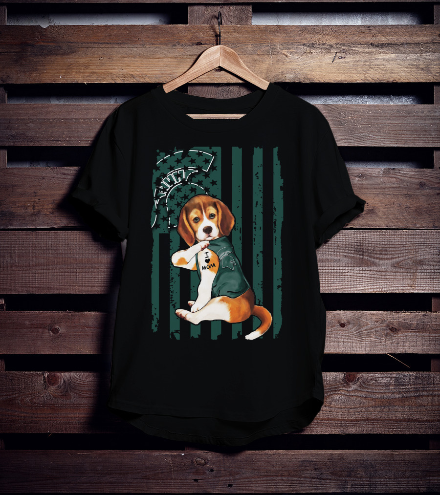 Beagle I Love Mom Michigan State Spartans Fan Support With Mascot And Helmet T-Shirt