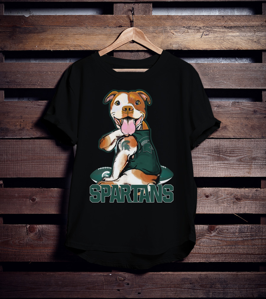 Spartans Pitbull Wearing Michigan State Logo With Football T-Shirt