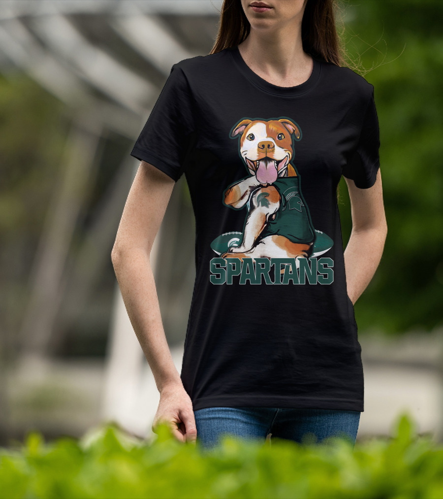 Spartans Pitbull Wearing Michigan State Logo With Football T-Shirt