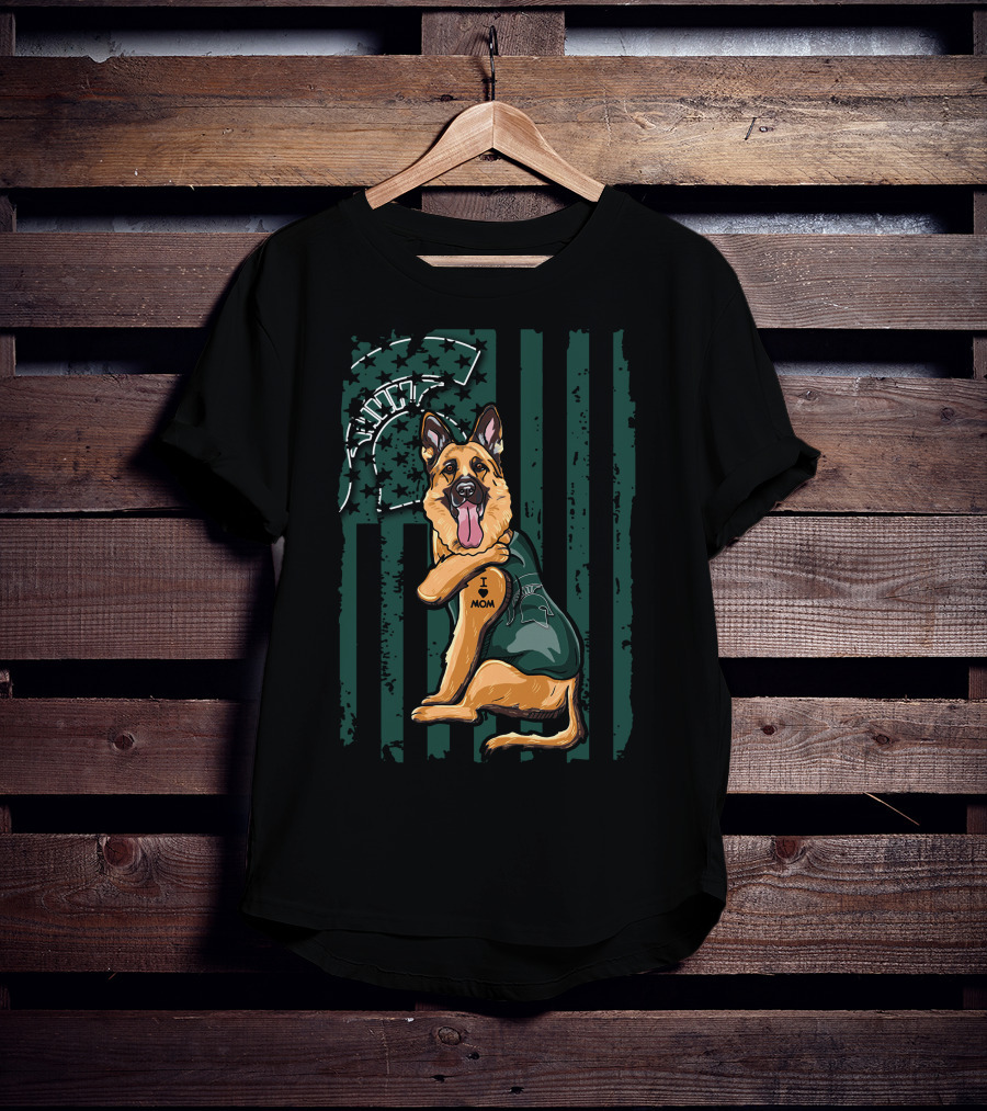 German Shepherd I Love Mom Michigan State Spartans Green And White Stripes T-Shirt