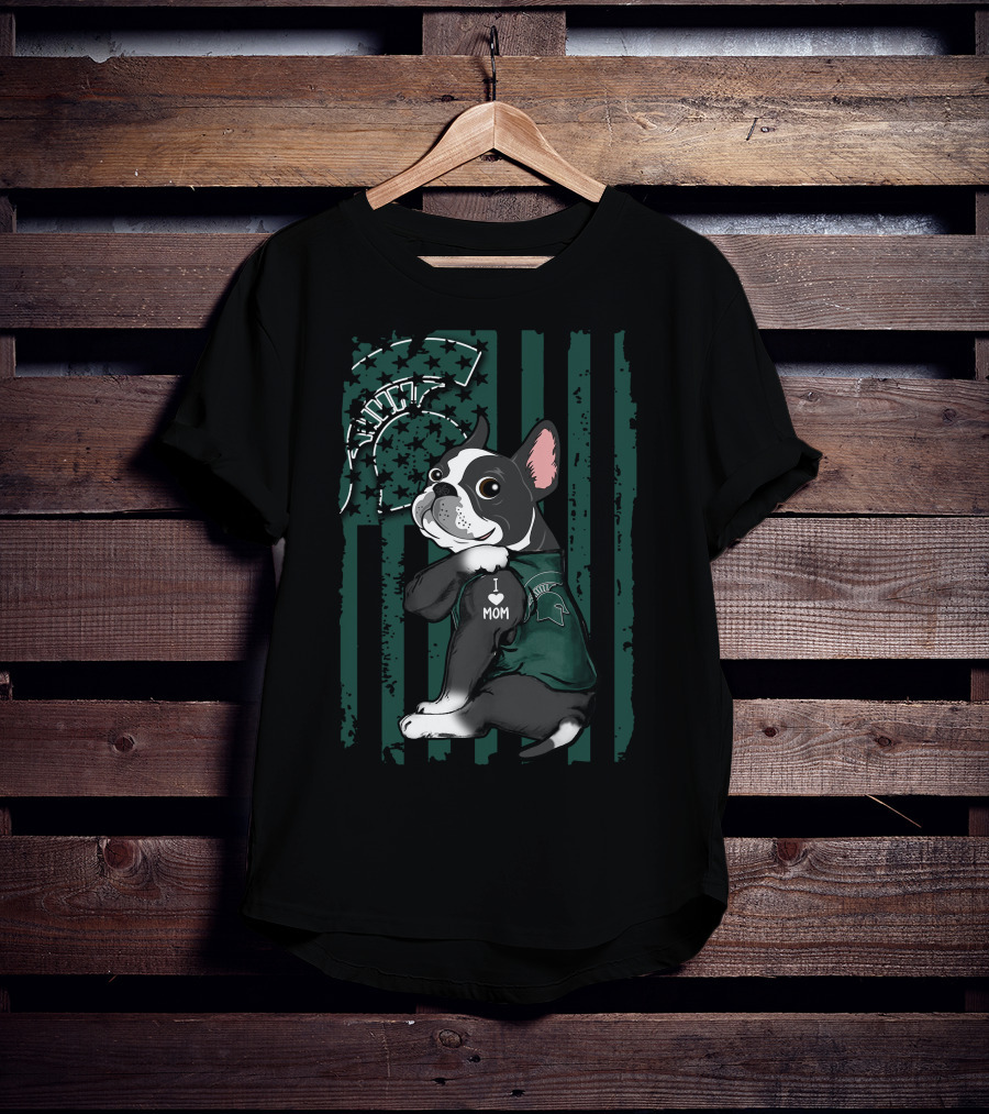 Boston Terrier I Love Mom Michigan State Spartans Paw Prints T-Shirt