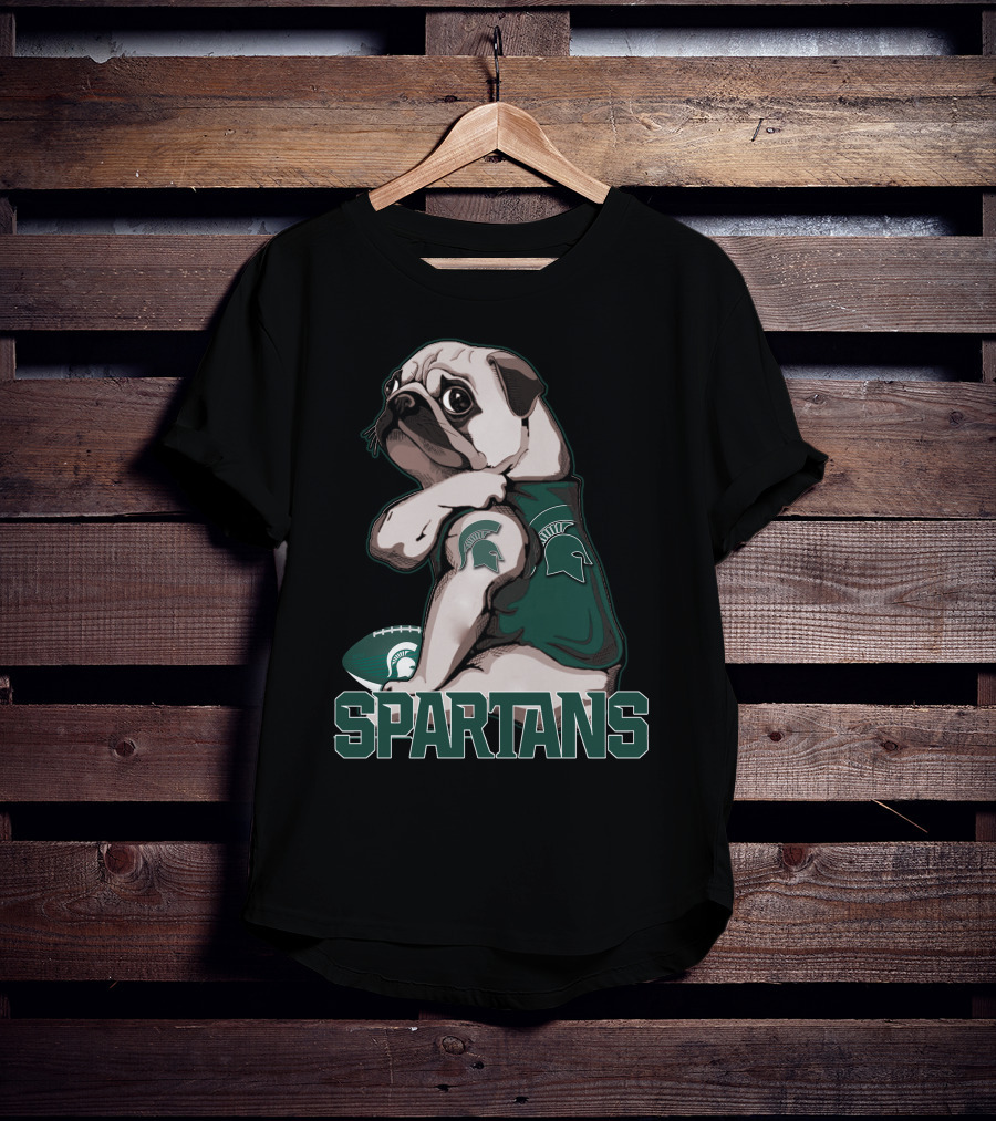 Pug Michigan State Spartans Football Fan With Spartan Helmet T-Shirt