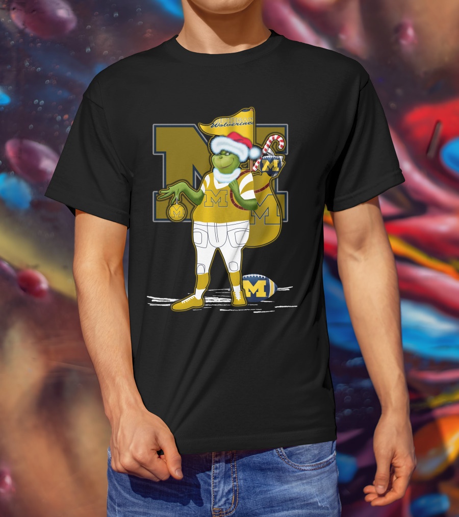 Grinchxmas Michigan Wolverines Santa Hat Football Candy Cane T-Shirt