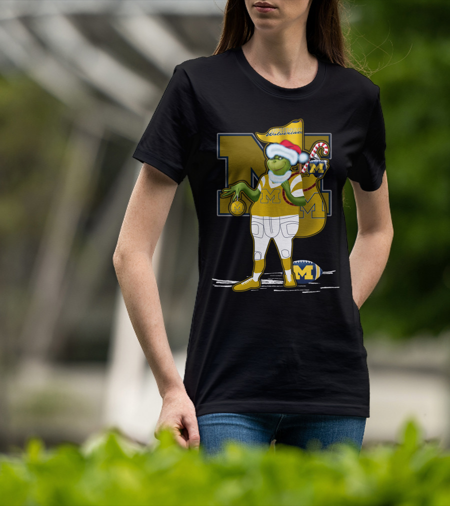 Grinchxmas Michigan Wolverines Santa Hat Football Candy Cane T-Shirt