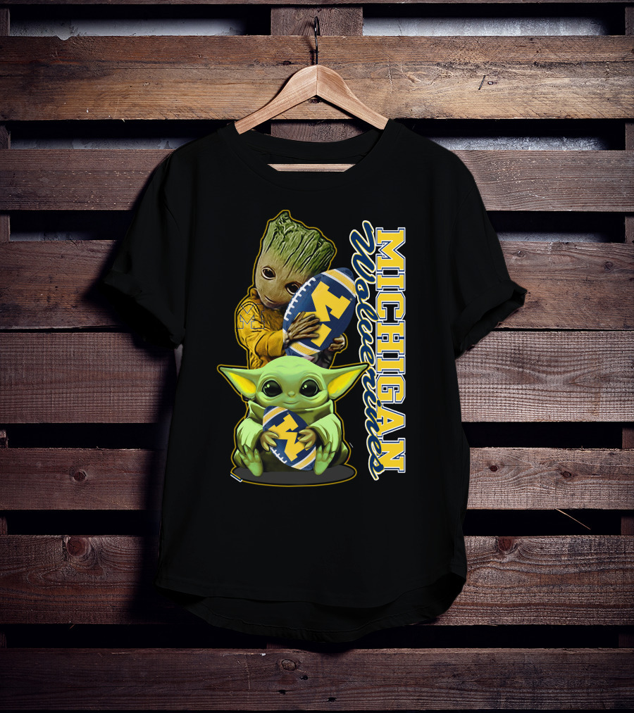 Michigan Wolverines Grogu And Groot Football T-Shirt